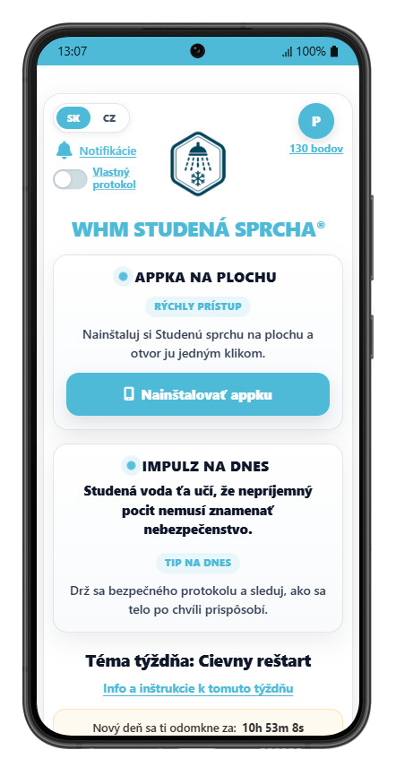 WHM Studená sprcha na ploche telefónu